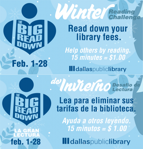 Bilingual flyer for the Big Read Down. A human figure shaped like a heart.