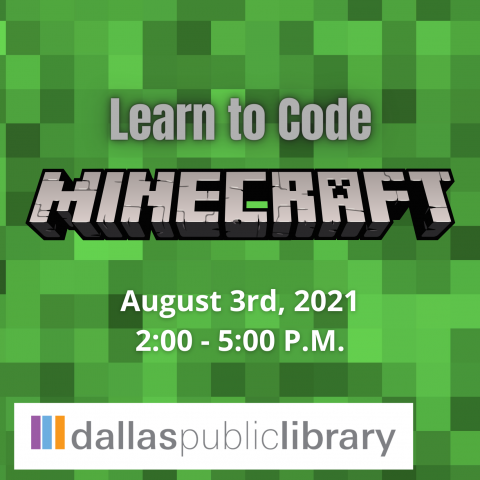 Learn to Code MINECRAFT on green pixelated background DPL Logo