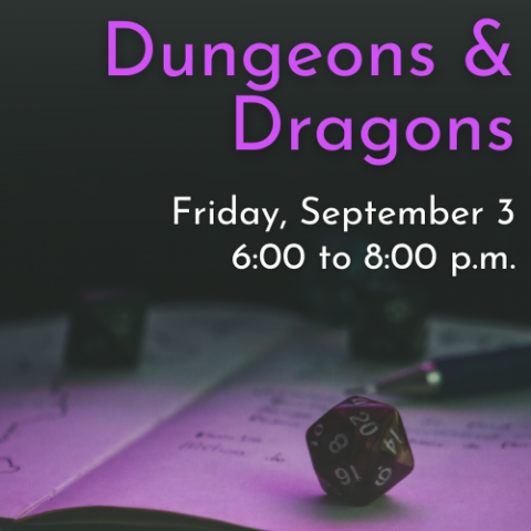 Dungeons & Dragons Cover Graphic: an open notepad is visible with a few die lying on top of it and the event title and date (September 3 at 6 PM) are posted