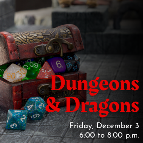 Dungeons & Dragons Cover Graphic features a chest full of playing dice and event details.