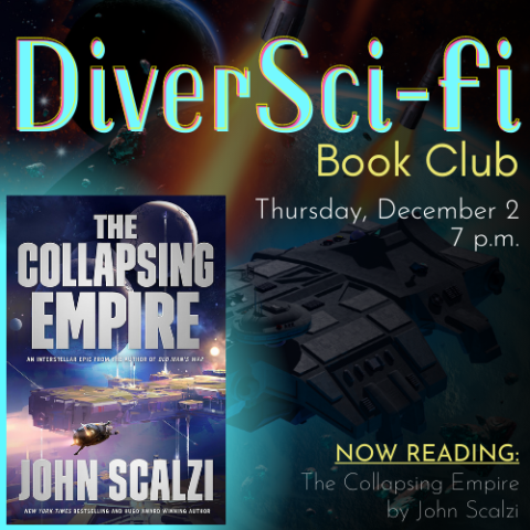 DiverSci-Fi Book Club Cover Graphic featuring event details, a space battle in the background, and the book cover