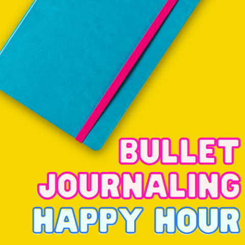 Bullet Journaling Happy Hour cover image with an askew journal on a yellow background with title posted