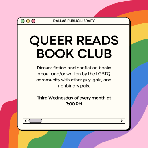 Black text that reads Queer Reads Book Club over a rainbow background