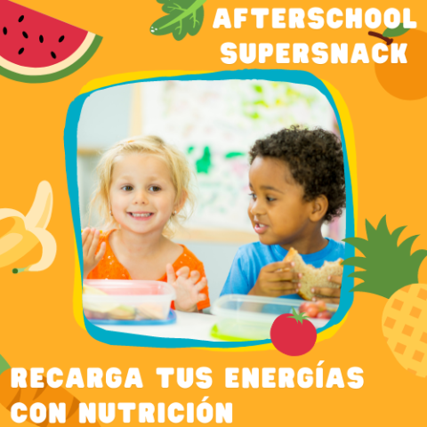 Afterschool Supersnack cover graphic featuring two children framed with fruits and vegetables falling around them. 