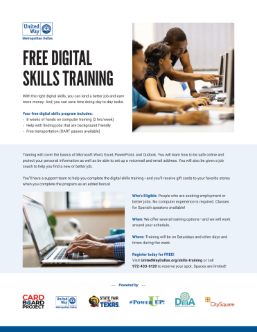 The Free Digital Skills Training Program is an 8-week program focused on hands-on computer training, basic digital skills, resume building, and job coaching. The program also teaches practicing online safety and protecting personal information. Participants are connected to a job coach to assist in their search for employment.  