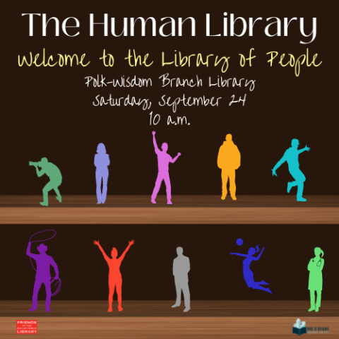 The Human Library cover graphic featuring shelves of different-colored people in varying poses and event details.