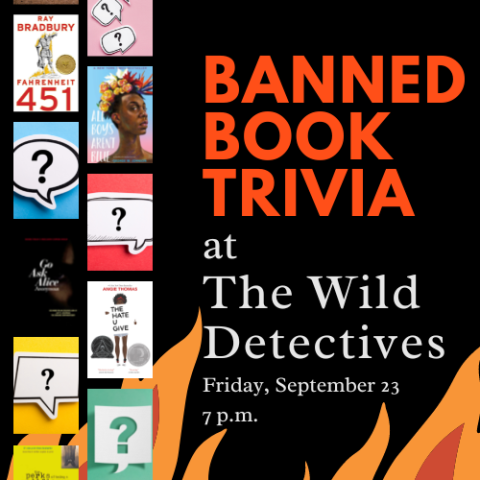 Banned Book Trivia cover graphic with banned book covers and a fire in the background with event details