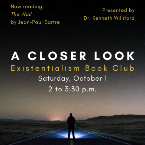 A Closer Look cover graphic featuring event details and a person standing in a road staring at the sky