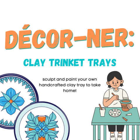 Text reading "Decor ner: Clay Trinket Trays" with images of decorated trays and a person with black hair painting a clay object.