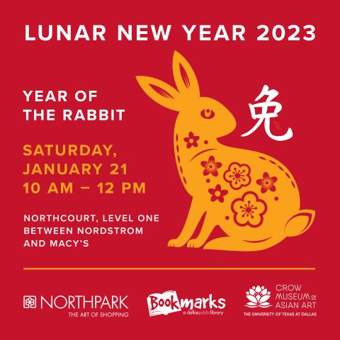 rabbit on red background with date and time of event