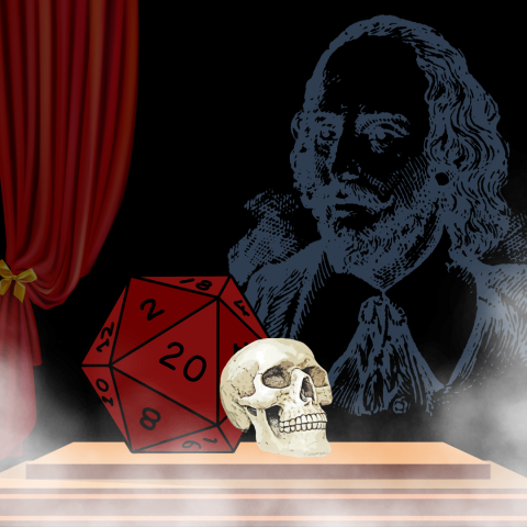 A stage with a D20 and skull on it, overlooked by a ghostly visage of the Bard.