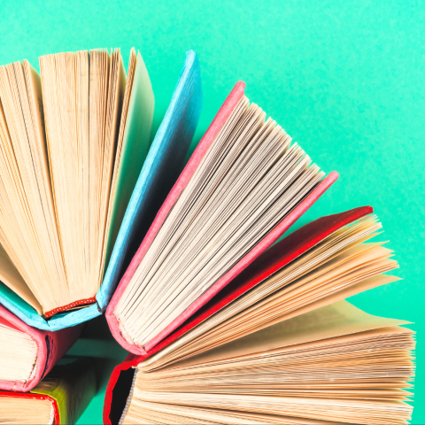 Books arrayed on a brightly colored background.