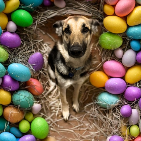 Dog surrounded by colorful eggs