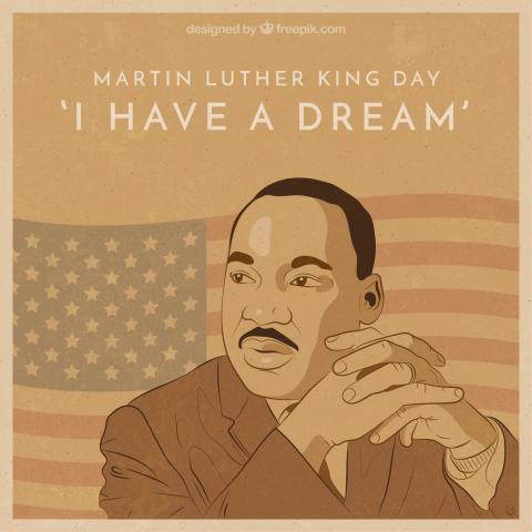 Cartoon Martin Luther King Junior in Front of American Flag