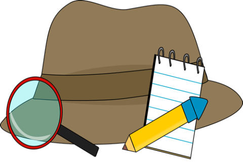 detective hat, magnifying glass, notebook