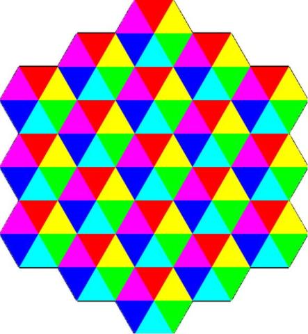 Triangles arranged into hexagons. The triangles rotate through the colors, red, yellow, green, cyan, blue, magenta so that each hexagon is made of one triangle of each color. There are 19 hexagons in this design. All are touching each other with no gaps between shapes.