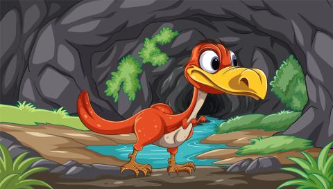 A cartoon orange bodied, yellow beaked dinosaur looking curious on a riverbank that leads into a cave. Green plants surround the river bank and cave opening.