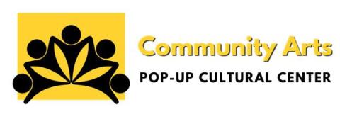 On the left side is a yellow square with 5 black stick figure people holding hands above their heads. These people are arranged in a semi-circle on top of the yellow square. The right side has the words “Community Arts” in regular capitalization, yellow letters with the words “Pop-Cultural Center” underneath in all capital, black letters.