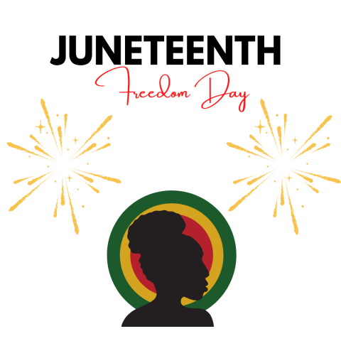 Digitally Drawn cartoon image. At the top of the image it says "Juneteenth Freedom Day" and below the text, there are two yellow, cartoon fireworks on each side of the image. On the bottom center of the image is a cartoon drawing of a woman's silhouette in front of a circle that has three colors. The outer most color of the circle is green, the next color is yellow, and the inner most color is red.