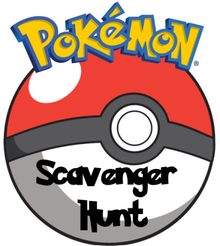 Digitally Drawn cartoon image of a Pokéball with the words Pokémon Scavenger Hunt written over the Pokéball.