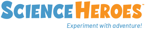 The word “science” in all capital, orange letters followed by the word “heroes” in all capital blue letters. The bottom right corner says “Experiment with adventure!” in regular capitalization in blue letters.