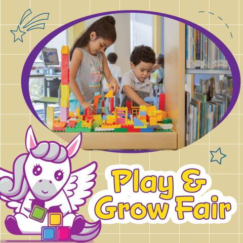 2 children playing with blocks.  Play & Grow Fair written below image. 