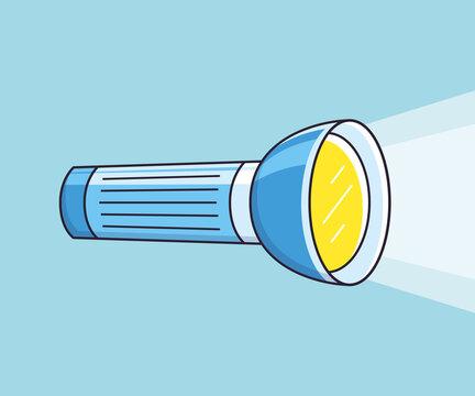 an illustrated blue flashlight on a blue background shines
