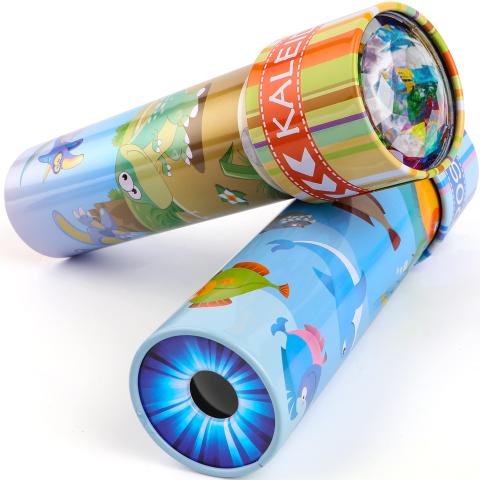 Two kaleidoscopes with cartoon drawings of animals printed on the tube. 