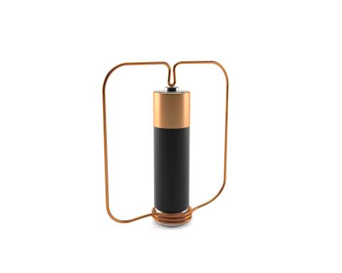 a 3d render of a battery with copper wire attached to the side. the setup sits on a magnet as a base. This is a monopolar motor