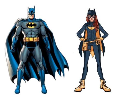 Digitally drawn image of Batman and Batgirl in their superhero costumes, standing side by side.