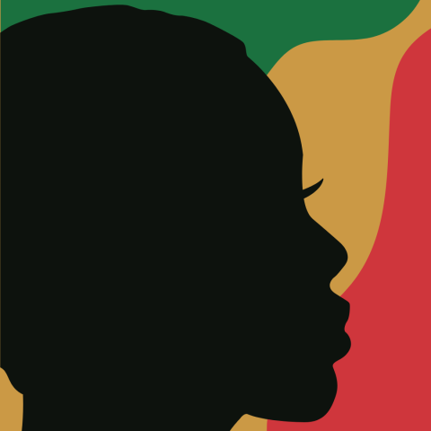 A graphical silhouette of a woman featuring the Pan-African colors.