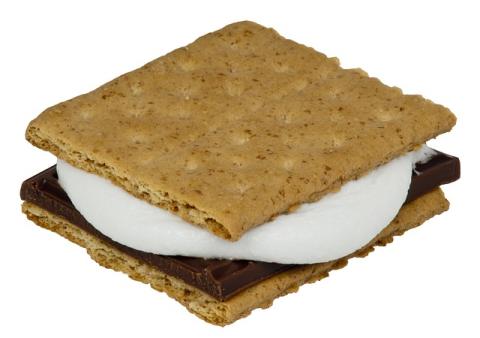Close up on a s’more on a white background. The marshmallow is on top of a piece of chocolate oozing out of the sides of the s’more a little bit. 