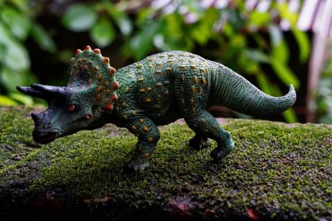 A green toy triceratops stands on a mossy rock.