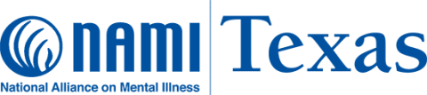 The left side of the image says "NAMI" in large blue letters. Underneath that the image says "National Alliance of Mental Illness" in small blue letters. The right side of the image says "Texas" in large blue letters. 