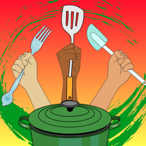 three fists holding cooking utensils