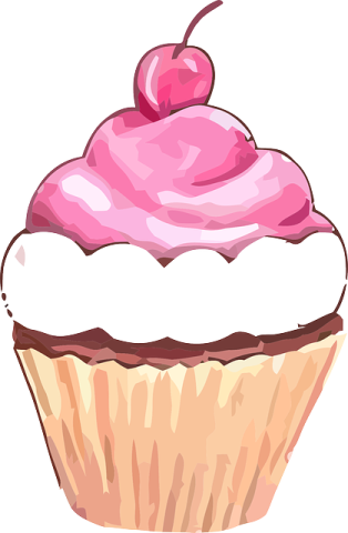 A cupcake on a white background. The chocolate cupcake is in a tan cupliner liner. There is a layer of white icing on top of the cake, and a layer of pink icing on top of the white icing. There is a cherry at the very top of the cupcake.