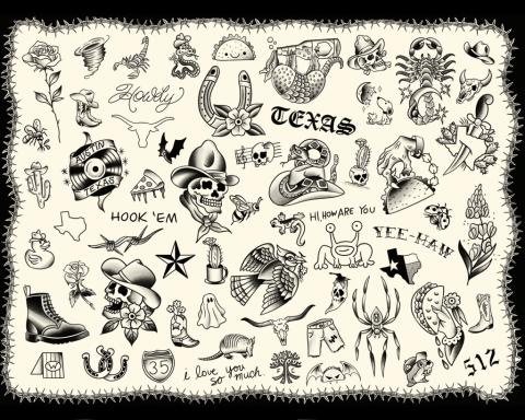 Texas themed tattoo flash sheet 