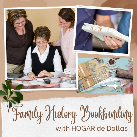 3 images: three women scrapbooking, hands sewing a book together & a handmade floral book with the word "memories" over it