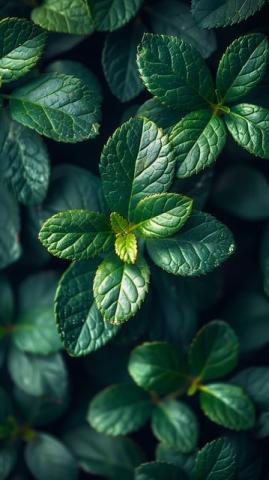 A close up photograph of green leaves. There is one plant in the center that is more in focus than the rest. It has large leaves growing out from the stem in all directions and smaller leaves growing so they are layered on top of the big leaves. The image is full of these plants.