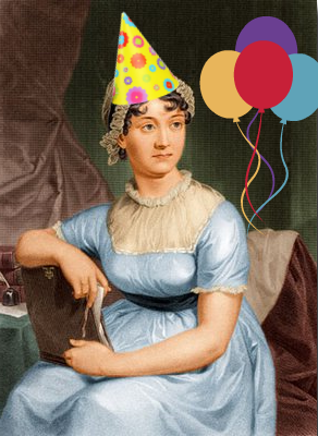 An old portrait of Jane Austen has been augmented with balloons and a snazzy party hat.