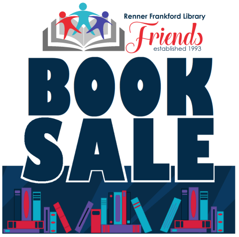 RFLF Book Book Sale Logo with red, blue, and purple books on a navy background