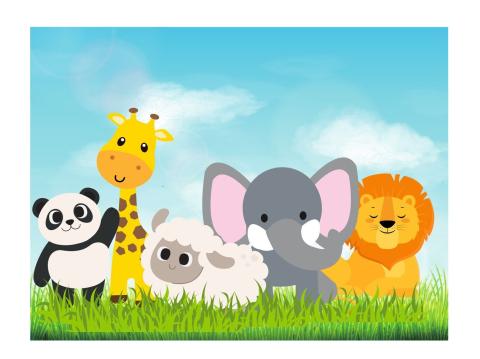 cute animals, panda, giraffe, sheep, elephant and lion.