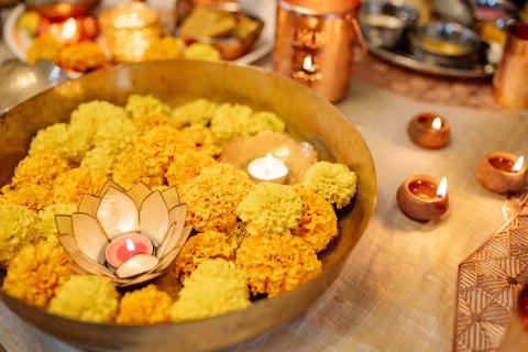 Marigolds and diyas