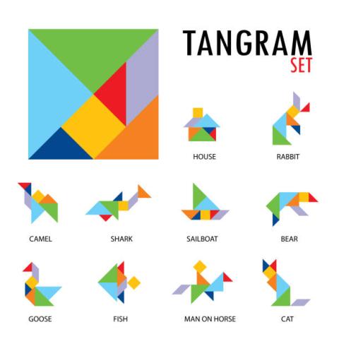 a solid tangram square with created animals around it