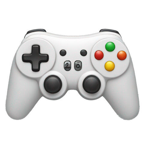 A video game controller in black and white with red, yellow, and green buttons.