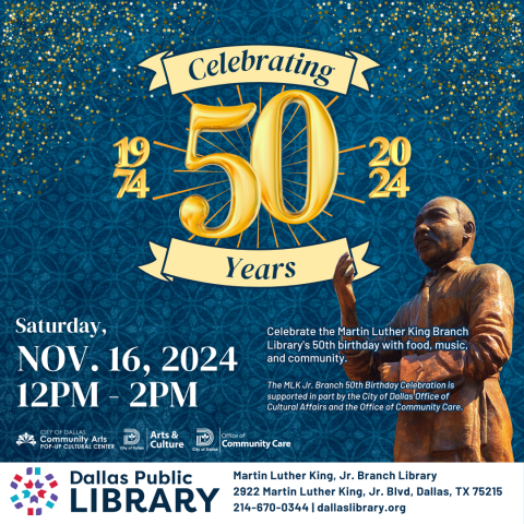 A flyer for the event, featuring a gold "50 Years" logo on a blue background with gold stars. A statue of Martin Luther King Jr. is shown on the right side.