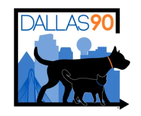 dog and cat in front of Dallas skyline with Dallas 90 in text