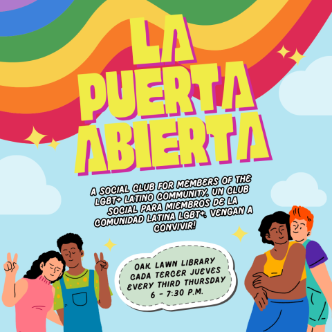 Yellow text reads "La Puerta Abierta" with a rainbow in the background. Three sets of couples sits below the text, of varying races, genders, and ages.