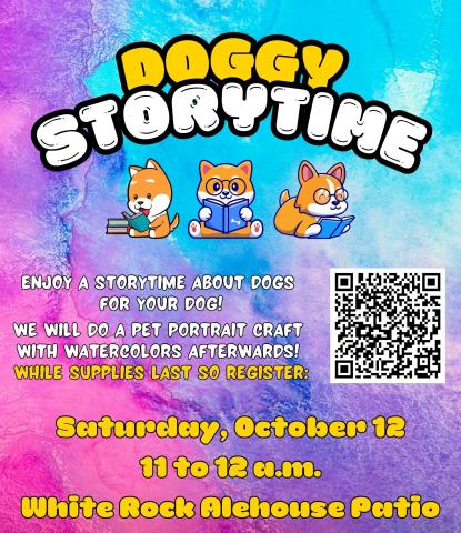 doggy storytime flyer. picture of three orange dogs reading a blue book facing left, straight, and right. watercolor background of various colors. 