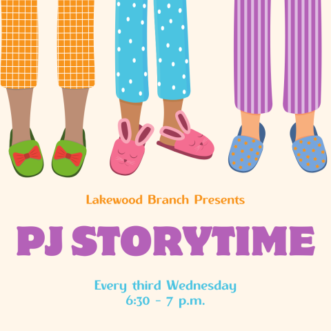 Three people in pajamas stand on a solid background.  Text reads "Lakewood Branch Presents PJ Storytime Every third wednesday 6:30 - 7 p.m."